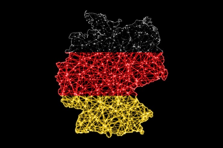 Foto karte von deutschland, polygonale maschenlinienkarte, flaggenkarte