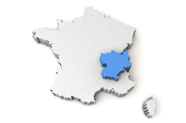 Karte von frankreich mit der rhône-alpes-region d-rendering