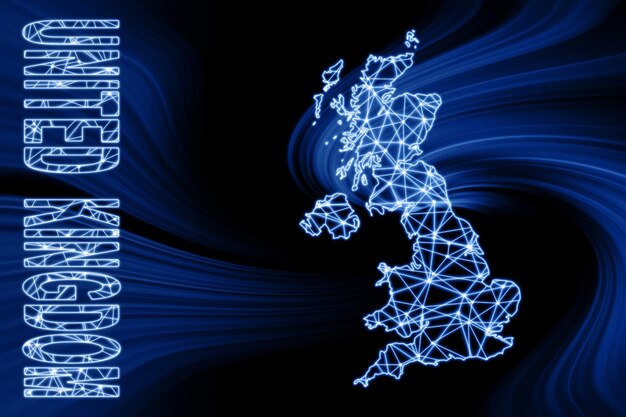 Karte von Großbritannien, polygonale Netzlinienkarte, blaue Karte auf dunklem Hintergrund