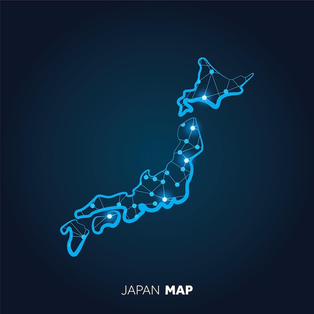 Karte von Japan mit verbundenen Linien und leuchtenden Punkten