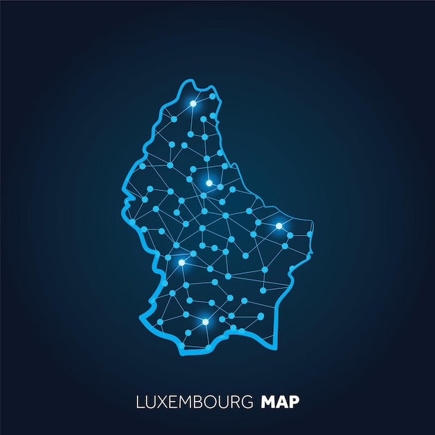 Karte von Luxemburg mit verbundenen Linien und leuchtenden Punkten