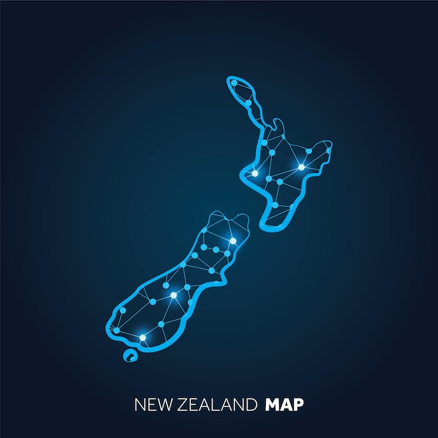 Karte von Neuseeland mit verbundenen Linien und leuchtenden Punkten