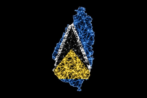 Karte von St. Lucia, polygonale Maschenlinienkarte, Flaggenkarte