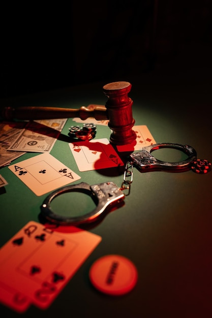 Kartenhandschellenhammer und -chips auf vertikalem Bild des grünen Tischglücksspiels und des Gesetzeskonzepts