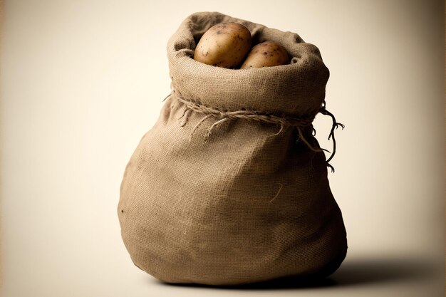 Foto kartoffel in einem sack leinwand vor einem leeren weißen hintergrund