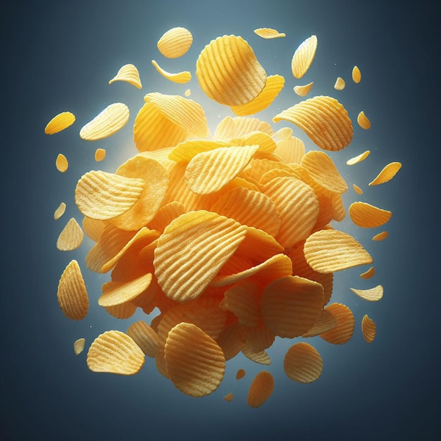 Foto kartoffelchips, die in der luft schwimmen