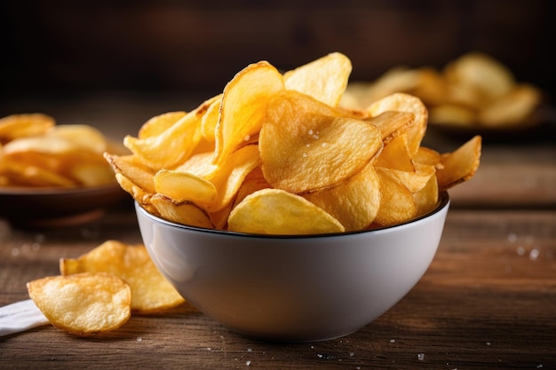 Kartoffelchips in einer weißen Schüssel, ideal zum Snacken mit Bier an einem Holztisch. Perfekt für Bierveranstaltungen