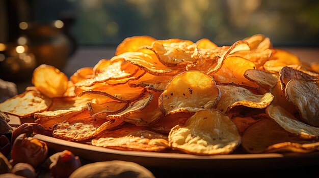 Foto kartoffelchips mit einer spritze salziger würziger gewürze auf einem holztisch mit verschwommenem hintergrund