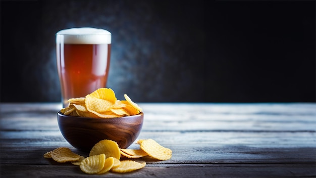 Kartoffelchips und Wurzelbier auf einem Holztisch mit verschwommenem dunklem Hintergrund und generativer KI