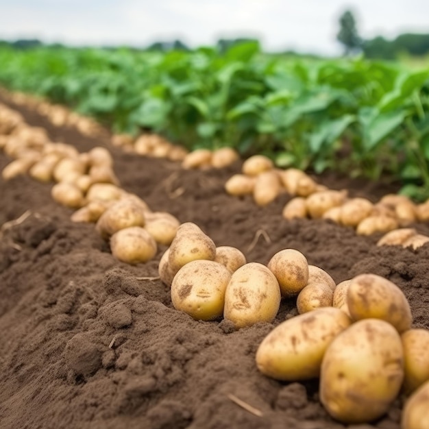 Kartoffeln auf dem Feld, Nahaufnahme bei der Kartoffelernte, generative KI