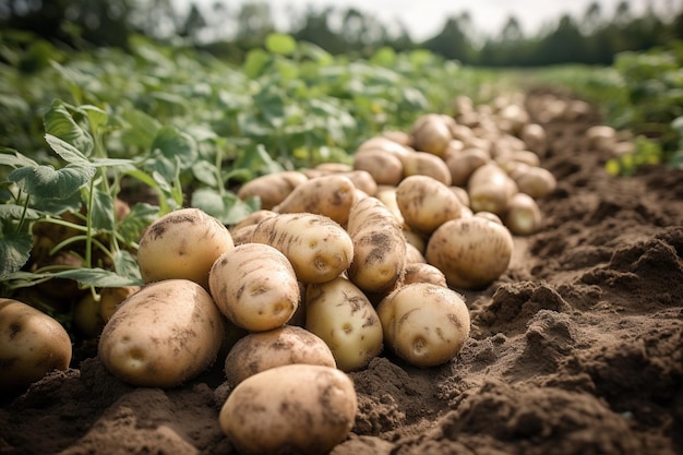 Kartoffeln auf einem Feld mit grünen Bohnen im Hintergrund