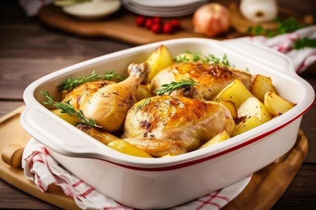 Foto kartoffeln und huhn in einer keramikpfanne gebacken