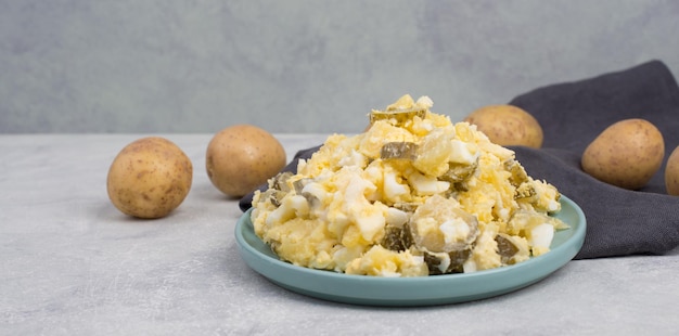 Kartoffelsalat auf einem Teller, traditionelles deutsches Partyessen mit Eiern, Gurken und Mayonnaise