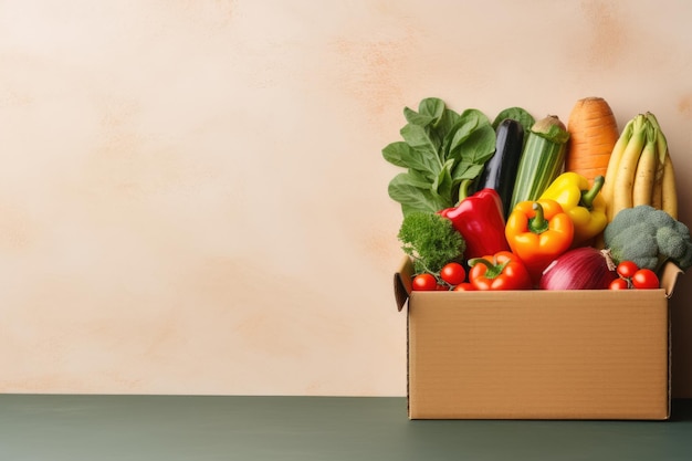 Karton mit Lebensmittelgemüse und Obst in einem Karton, Lebensmittellieferung und Footbank-Konzept