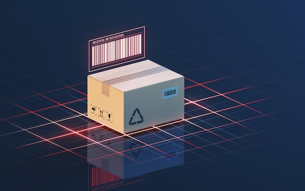 Karton- und Barcode-Wareninspektion und Transport 3D-Rendering