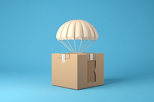 Karton und Fallschirm Illustration blauer Hintergrund Online-Verkaufskonzept Generative KI