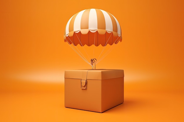 Karton und Fallschirm Illustration orange Hintergrund Online-Verkaufskonzept Generative KI