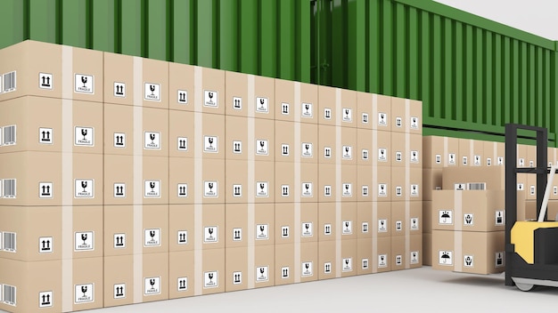 Kartons, die darauf warten, in Container geladen zu werden, gibt es viele übrig gebliebene Produkte.3D-Rendering