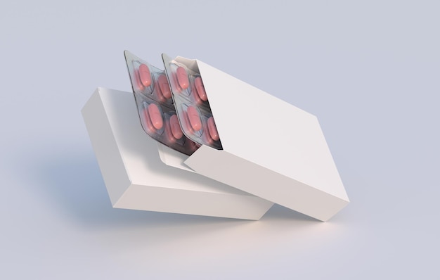 Kartonverpackung mit zwei Blisterpackungen mit Vitaminpillen Mockup-Vorlage 3D-Rendering