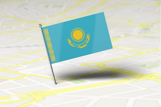 Kasachstan-Nationalflaggen-Standortstift, der in eine Straßenkarte der Stadt gesteckt wird 3D-Rendering