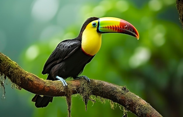 Kastanienbrauner Tukan sitzt auf dem Ast im tropischen Regen mit einer generativen KI im grünen Dschungel