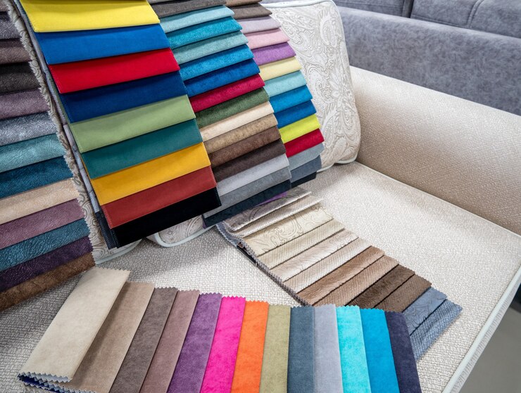 Katalog mit leuchtend bunten Stoffmustern für die Möbelherstellung. Kollektion von Möbelstoffen.