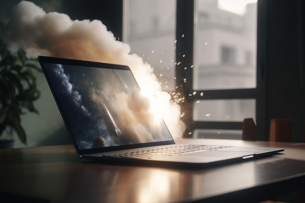 Katastrophale Szene: Laptop-Explosion erzeugt riesige Staubwolke auf Büroschreibtisch