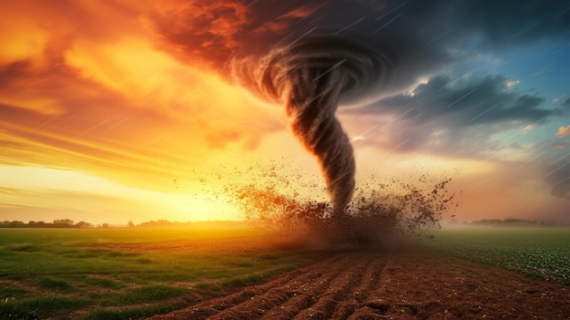 Katastrophe am Sonnenuntergang Tornado verwüstet die Felder in einem Wirbel