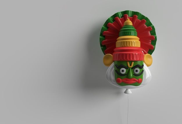 Kathakali-Gesicht mit schwerer Krone verziert, 3D-Rendering-Illustration.