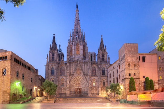 Kathedrale des Heiligen Kreuzes und der Heiligen Eulalia während der morgendlichen blauen Stunde Gotische Viertel Barri in Barcelona Katalonien Spanien