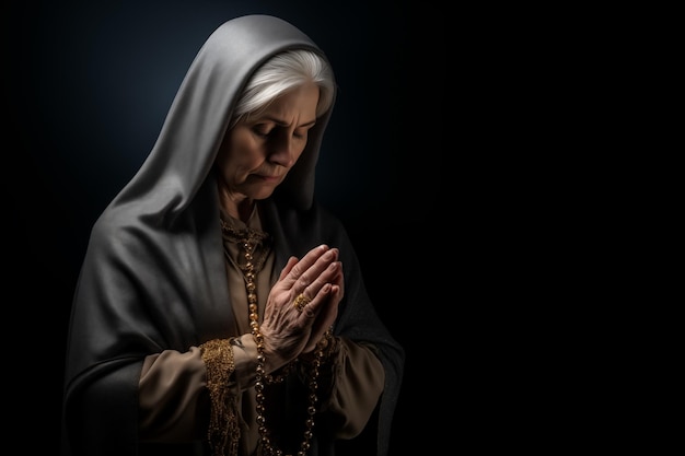 Katholische ältere Frau betet mit zusammengefassten Händen und kopiert den Raum mit schwarzem Hintergrund xA