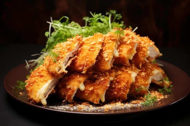 Foto katsu de frango com queijo num prato escuro