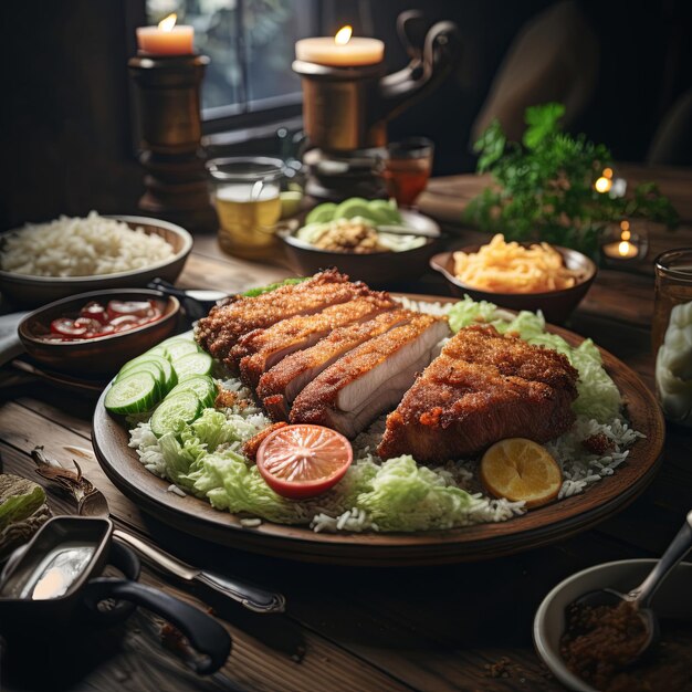 Foto katsudon un plato de arroz cubierto con una chuleta de cerdo panada y frita savory