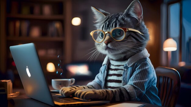 Katze arbeitet von zu Hause aus an einem Laptop, süße anthropomorphe Figur Freelancer