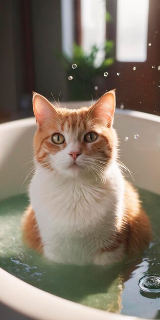 Katze badet in der Badewanne und schaut auf die Kamera