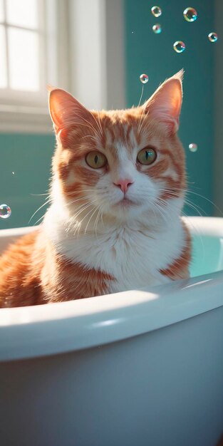 Katze badet in der Badewanne und schaut auf die Kamera