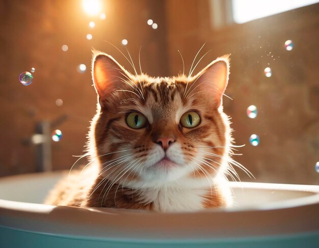 Katze badet in der Badewanne und schaut auf die Kamera