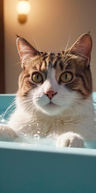 Katze badet in der Badewanne und schaut auf die Kamera