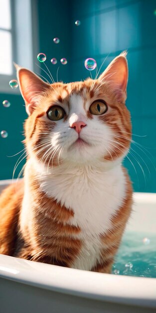 Foto katze badet in der badewanne und schaut auf die kamera