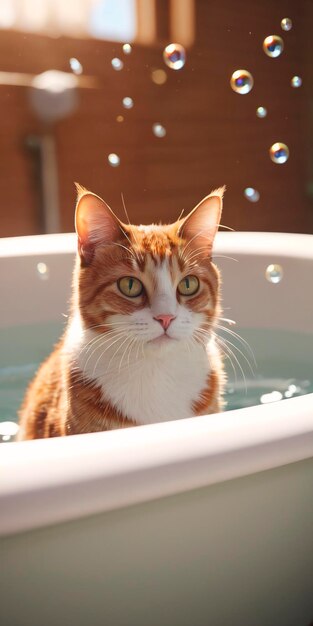 Katze badet in der Badewanne und schaut auf die Kamera