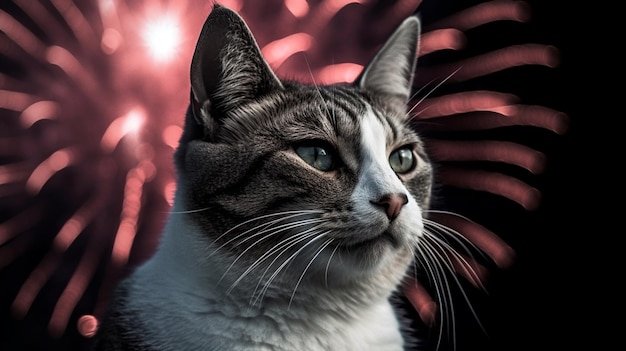 Katze beobachtet das Feuerwerk Bobtail auf schwarzem Hintergrund mit Platz für Text Generative KI