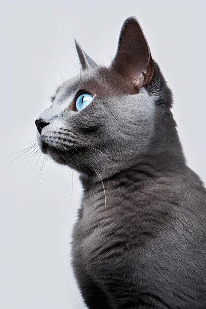 Katze der Rasse Russisch Blau auf weißem Hintergrund