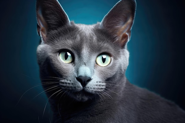 Katze der Rasse Russisch Blau aus nächster Nähe