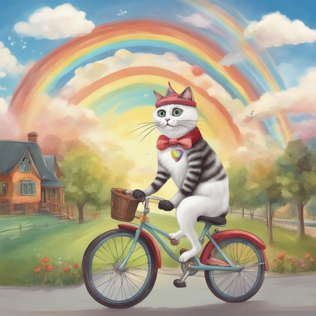 Katze, die Fahrrad fährt, Regenbogen-Hintergrund, Fantasy-Bild, AI-Generator