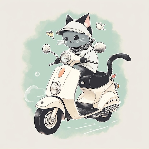Katze, die Motorrad reitet, Catoon-Charakterillustration