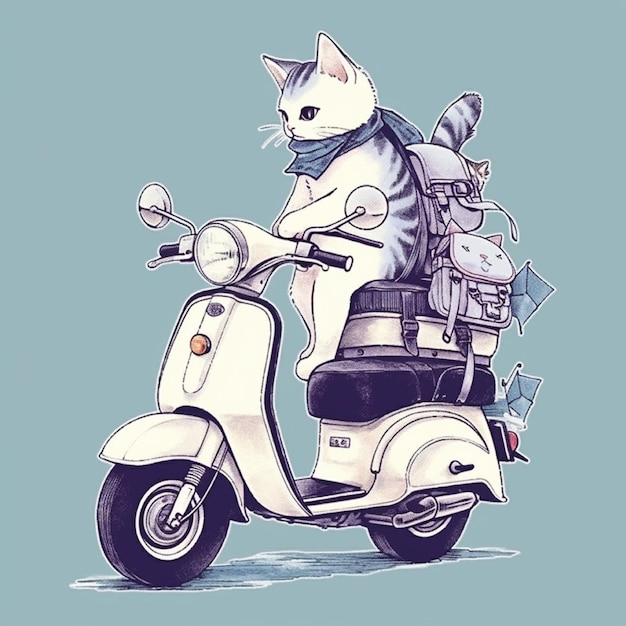 Katze, die Motorrad reitet, Catoon-Charakterillustration