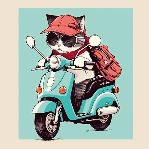 Katze, die Motorrad reitet, Catoon-Charakterillustration