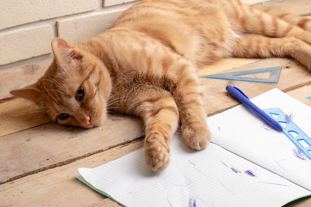 Katze, die nach innen auf Holztisch nahe Hausarbeit liegt