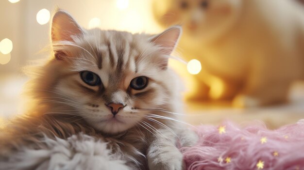 Katze entspannt sich auf einer rosa Decke