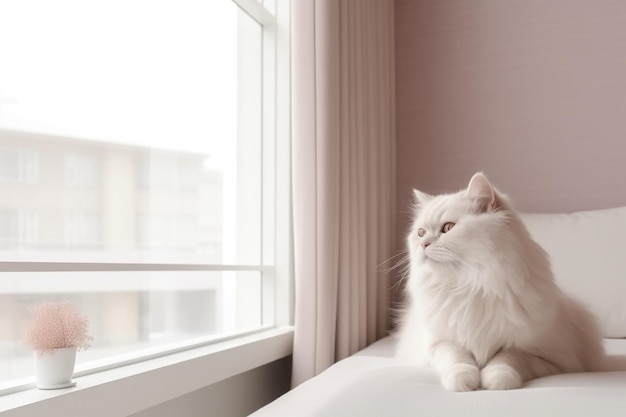 Katze entspannt sich in einem Hotelzimmer in hellen Farben